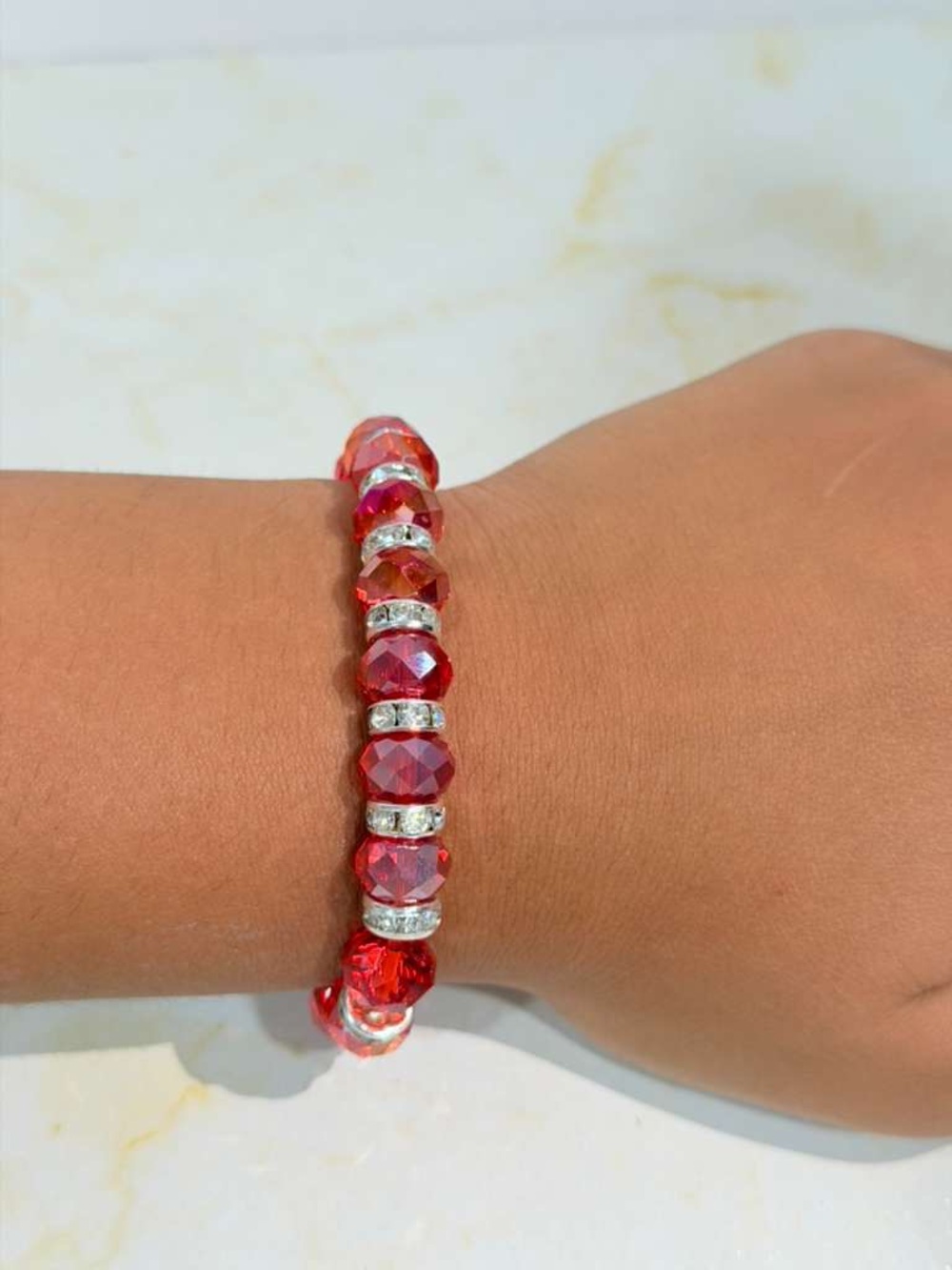 Red Crystal Bracelet with Rhinestone Spacers. Stackable